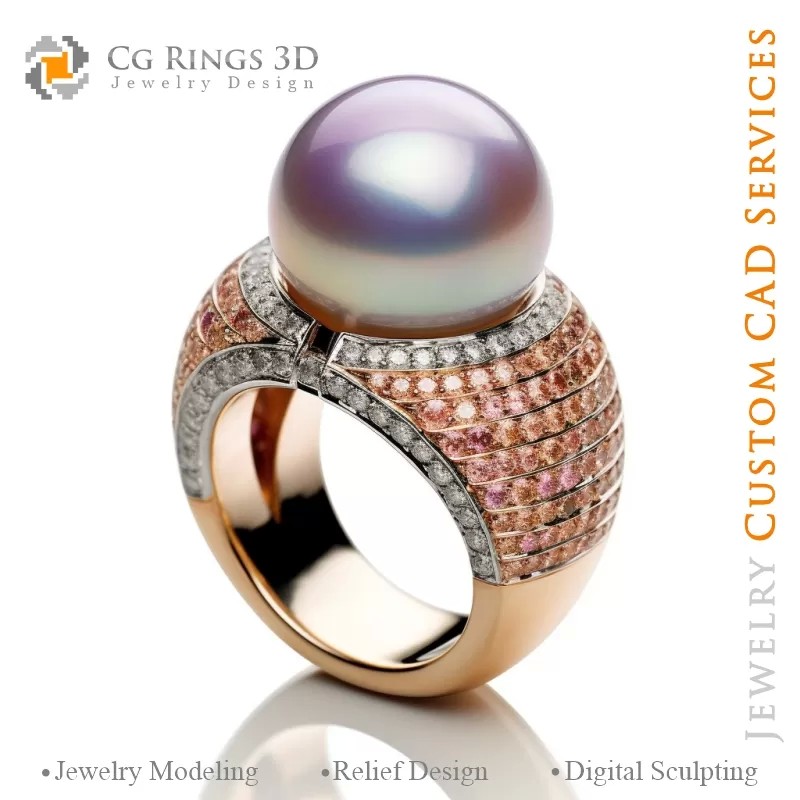 带珍珠和摩根石（Morganite）戒指 - 3D CAD 珠宝