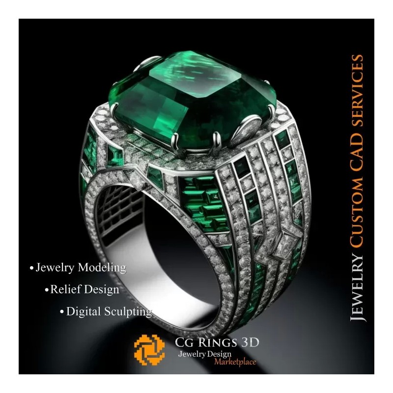 Ring With Emerald and Diamonds - 3D CAD Jewelry