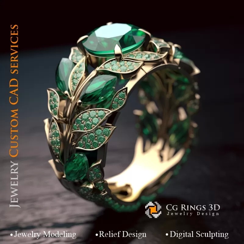 Inel cu smarald și diamante - bijuterie CAD 3D