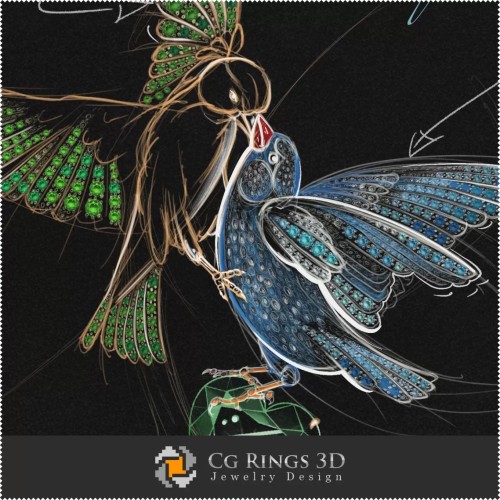 Design Joaillerie (Numérique) - Croquis Pendentif Oiseaux
